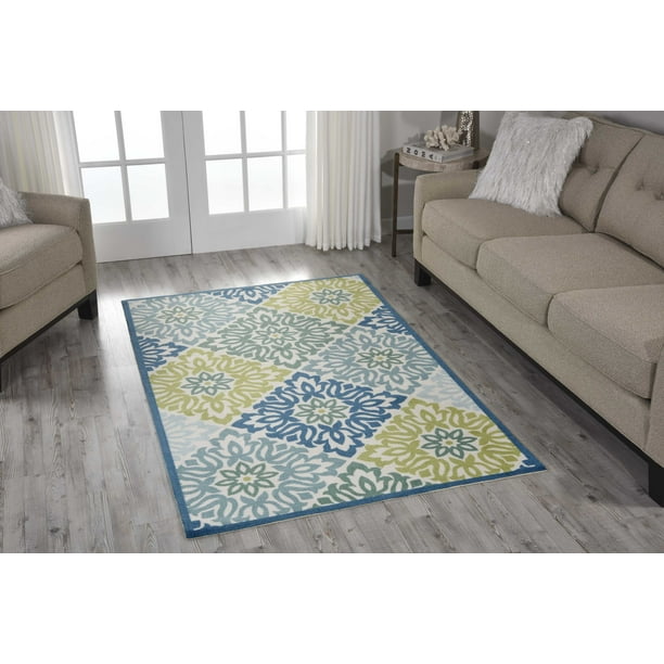 Waverly Sun and Shade Floral Tile Marine Indoor/Outdoor Area Rug by