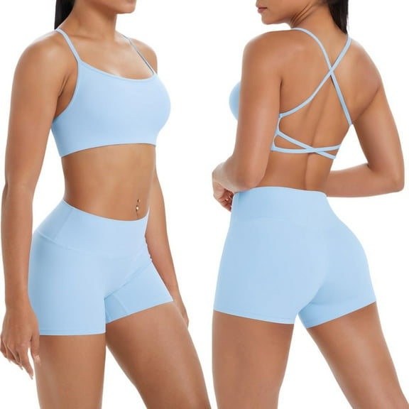 AHTJRT Women's 2 Piece Workout Sets Biker Impact Shorts and Sports Bra Sweatsuits Breathable Casual Yoga Gym Sports Active Suits Sky Blue M