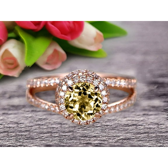 Unique Double Halo Design 6mm Round Cut 2 Carat Champagne Diamond Moissanite Engagement Ring Promise Ring For Bride Aniversary Ring On 10K Rose Gold Custom Made Glaring Jewelry