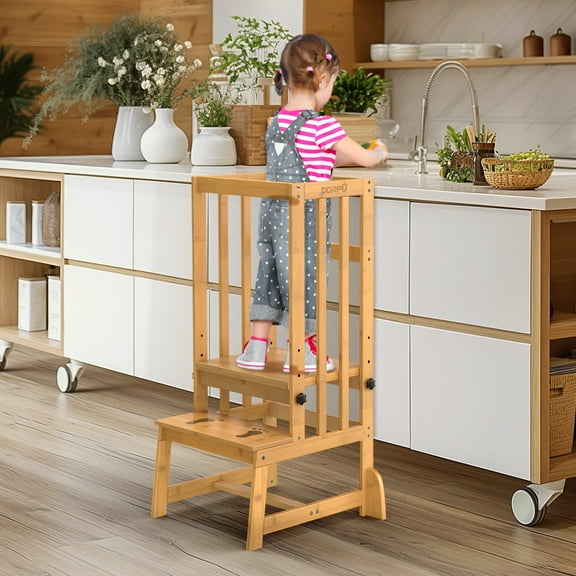 Bamboo Toddler Tower, Kids Kitchen Step Stool, Removable Anti-Drop Railing Safety Rail Enjoys Unique Patented Design A Anti-tip Structure More Stable, Natural Bamboo