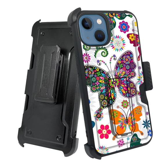 ANJ  Rugged Shockproof Holster Case w/Card Slot, Kickstand   Tempered Glass for iPhone 13 (6.1") - Tribal Butterfly
