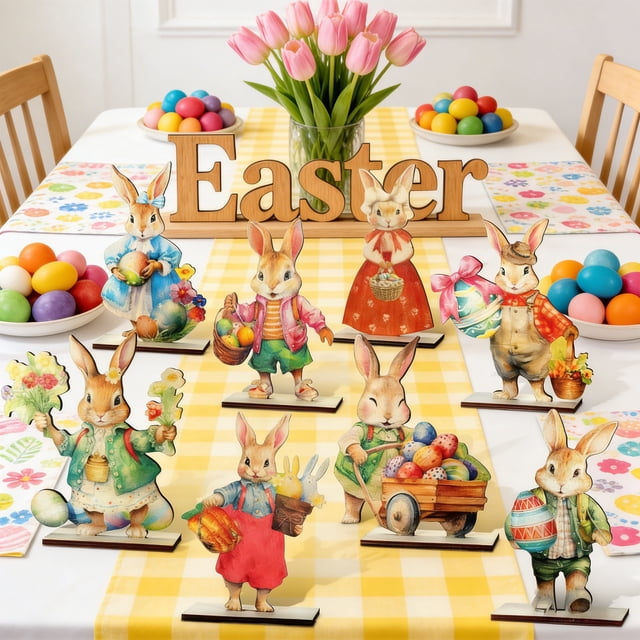 Todaioua 8 Pcs Easter Bunny Wooden Signs Table Decorations Vintage Rabbit Tabletop Centerpieces Rustic Farmhouse Classic Tiered Tray Decor for Birthday Wedding Spring Outdoor Picnic Party Supplies