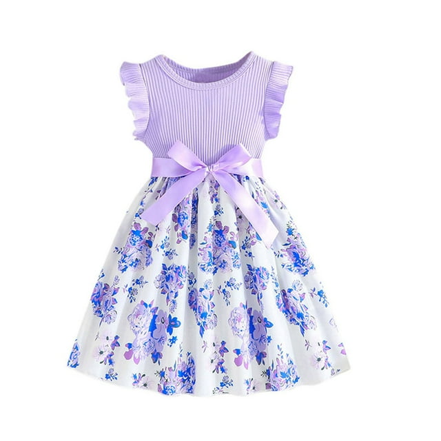 Huvoen Robe de Printemps pour Bébé Fille Nouvelle Robe Sans Manches Décontractée Printemps Été pour Fillettes Robe Princesse Imprimée Florale Mignonne Violette 6 Ans