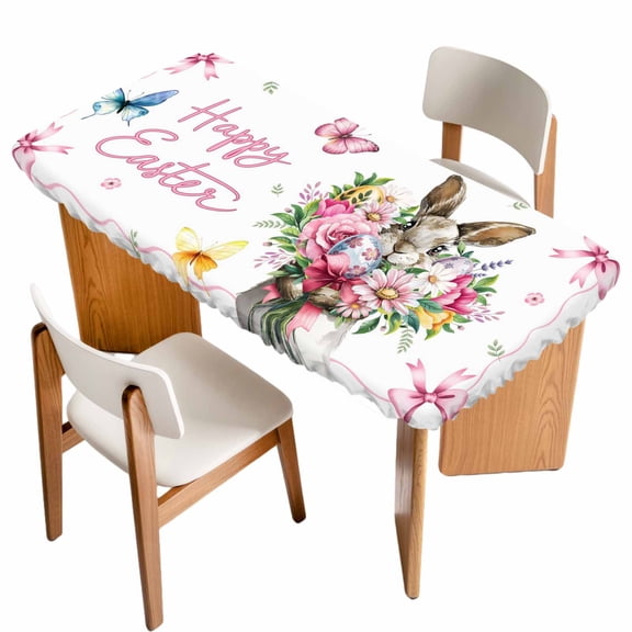 Easter Bunny Table Cloths for 5 Foot Rectangle Tables, Cute Rabbits Spring Daisy Flowers Butterfly Patio Waterproof Elastic Fitted Tablecloths, Washable Rectangular Table Cover for Camping