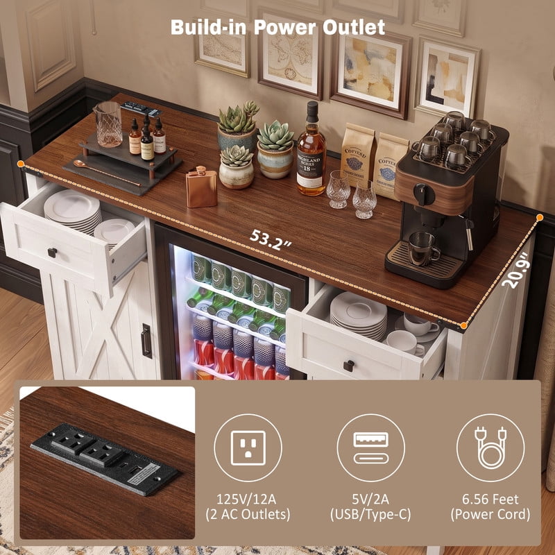Farmhouse Bar Cabinet with Power Outlet, Home Coffee Storage Cabinet with Mini Fridge Nook, Sideboard Buffet with Barn Doors & 2 Drawers