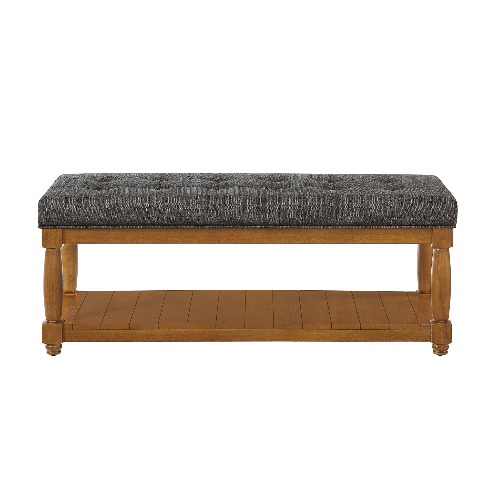 Leumius Upholstered Linen Bench with Storage Shelf, Solid Wood Spindle Legs Accent Furniture Tufted Ottoman Bench for Bedroom Entryway Living Room Granite