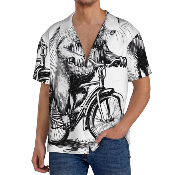 Fotbe Capybara Riding Bicycle Camisa Estampada de Manga Corta para Hombre, Casual de Verano, Estilo Playero, Sin Arrugas-Small