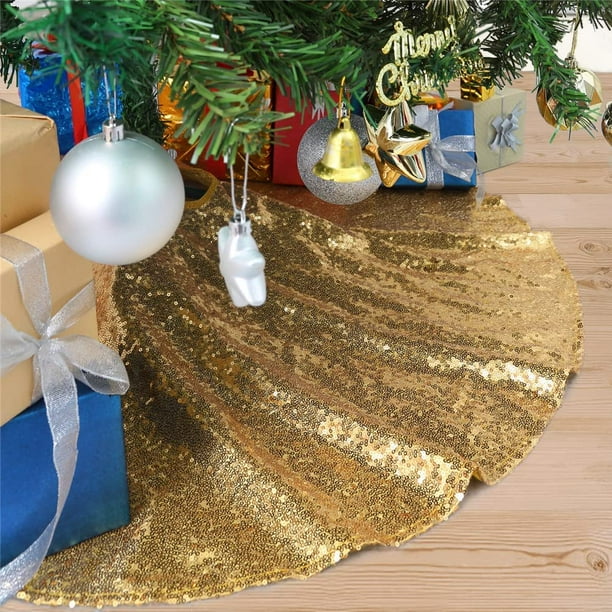 Gold Christmas Tree Skirt 24" Round Mini Tree Skirt Sequin Glitter Xmas Skirts for Holiday