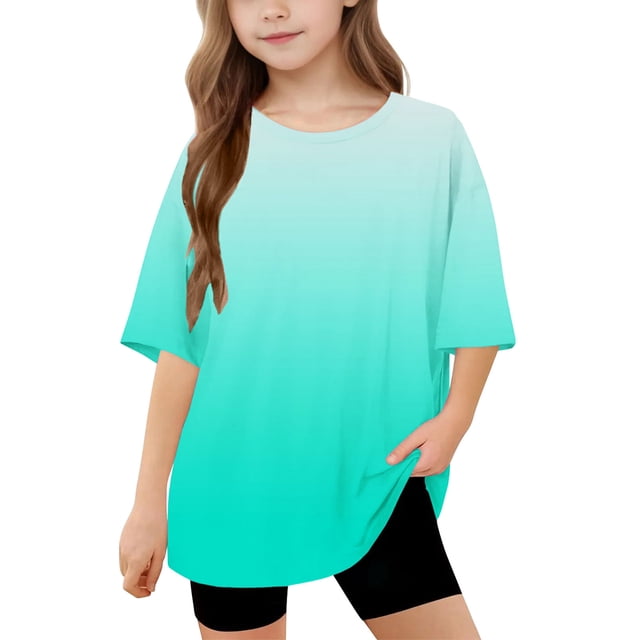 DecSea T-Shirt à Manches Courtes pour Filles, Été, Dégradé, Col Rond, Décontracté, Basique, 5-14 Ans