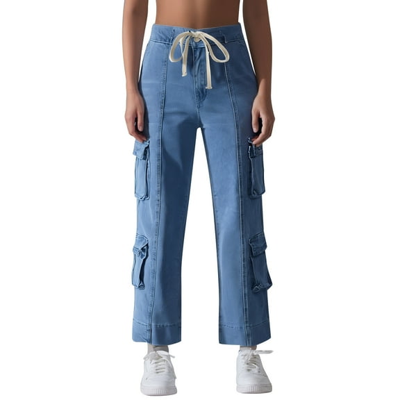 Jeans for Women Petite Drawstring Cargo Mid Rise Straight Leg Elastic Womens Trousers