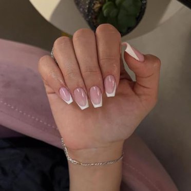 24Pcs White French Tip Press on Nails Medium Short,12 Sizes Fake Nails Press ons,Natural Nude Meidum Short Coffin Gel Nails Acrylic,French Tip Nails,Thick False Nails for Home DIY(T Shape)