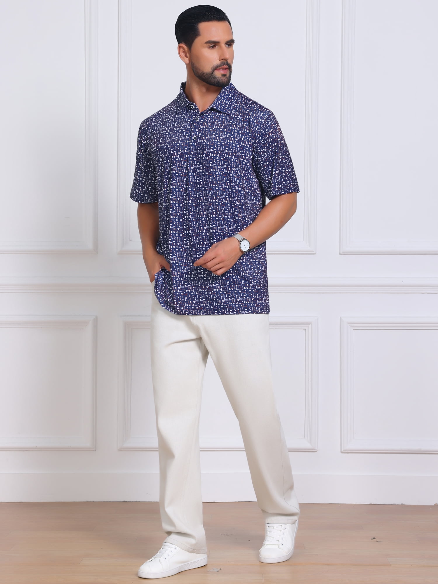 DARING DIVA Men's Printed Short Sleeve Lightweight Breathable Polo Shirts L Dark Blue