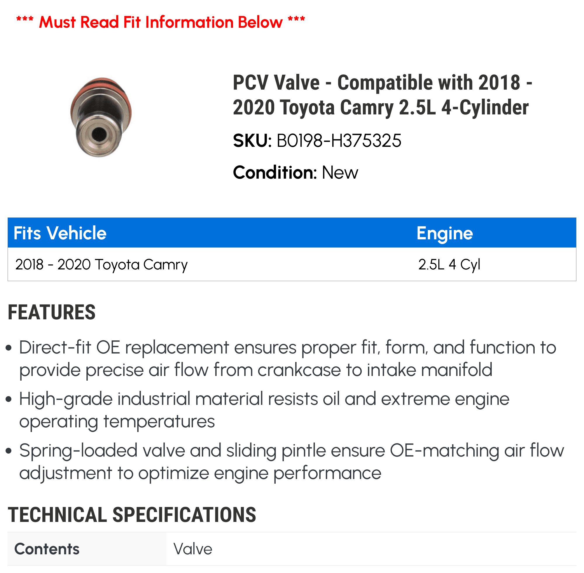 PCV Valve - Compatible with 2018 - 2020 Toyota Camry 2.5L 4-Cylinder 2019