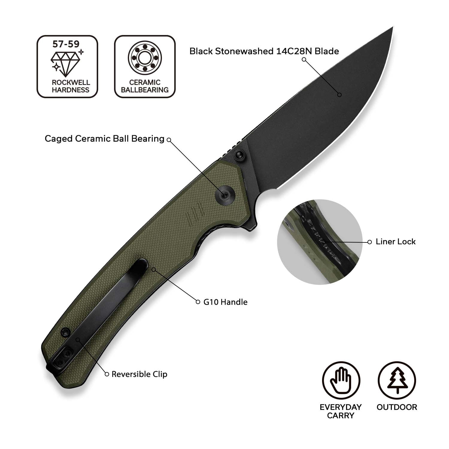 CIVIVI Merit Pocket Knife, Folding Knife with 3.28" 14C28N Blade G10 Handle, Lightweight Knife with Reversible Pocket Clip for Camping Hiking Indoor & Outdoor, C24012-2, OD Green