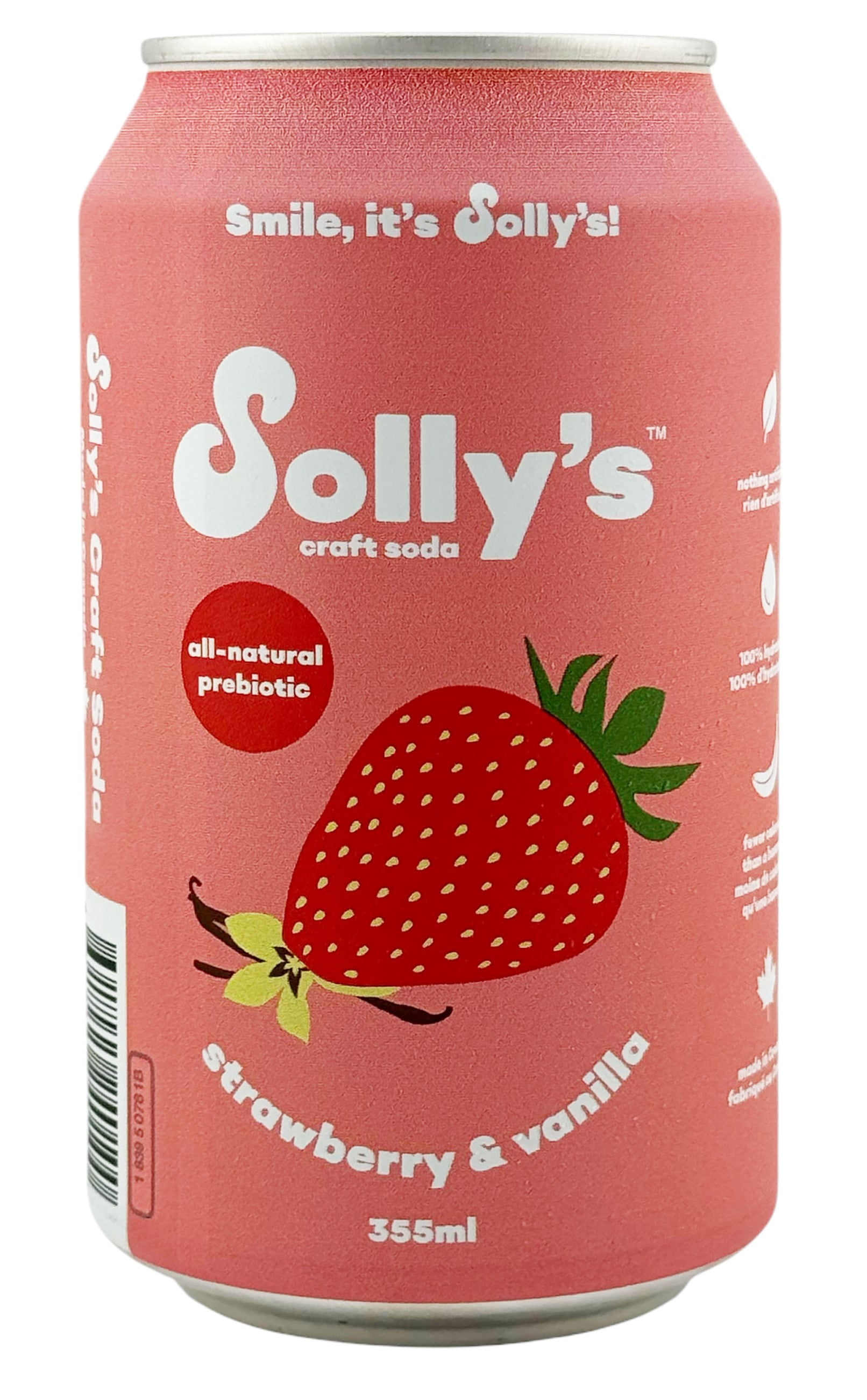 Solly's, Strawberry and Vanilla Prebiotic Craft Soda, 355 ml, 4 pack Cans, 4 x 355 mL