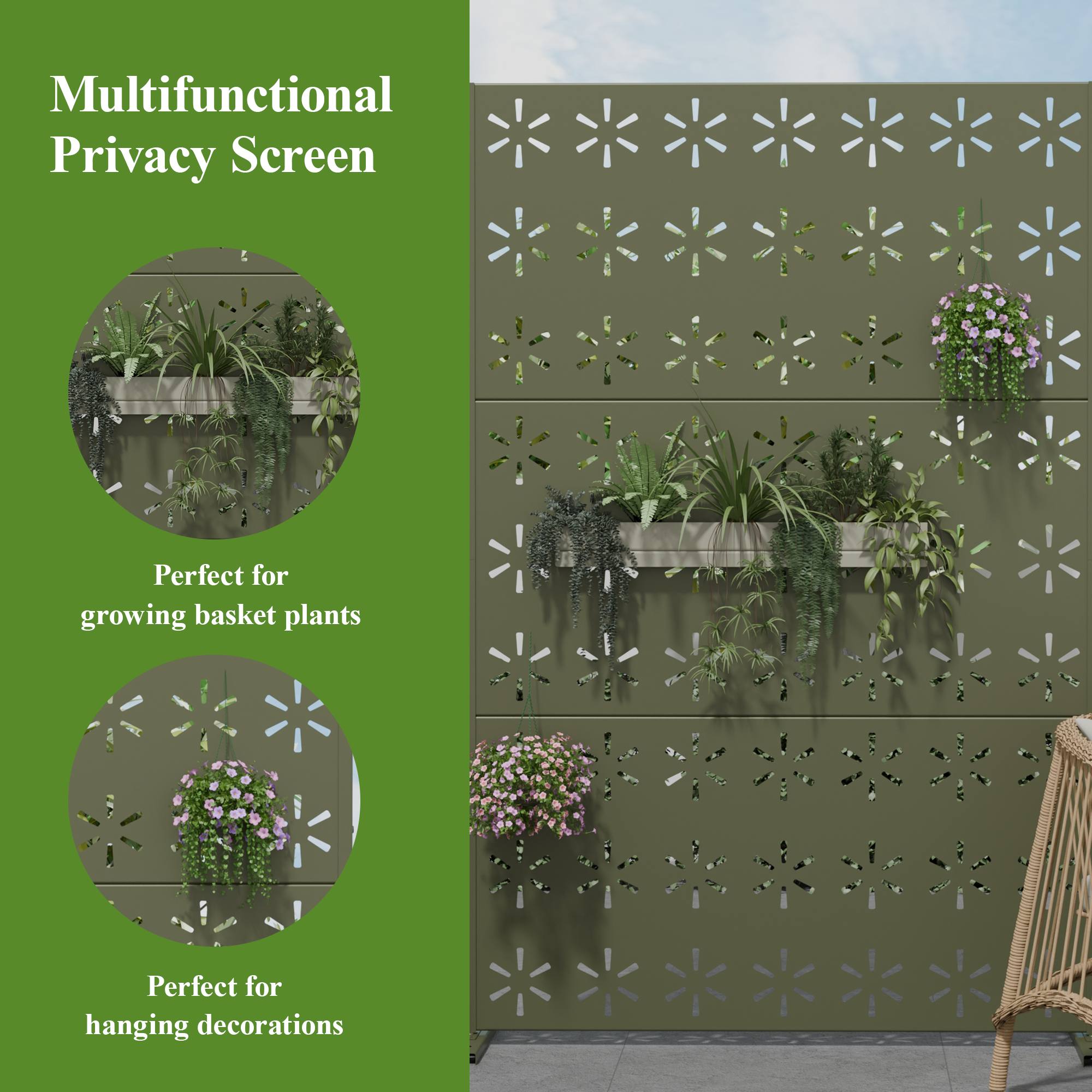 MAYEERTY 72×47" Outdoor Gray Olive Metal Privacy Panel Screen for Backyard & Garden, Snowflake Pattern