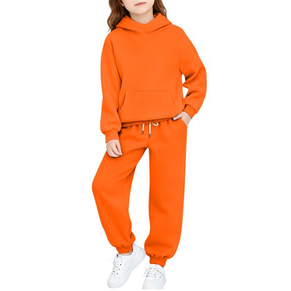 BRGZLK Girls Sweatsuit Sets Fall Clothes 2026 Casual Comfort Solid Color Long Sleeve Hooded Pollover Sweatshirt and Wide Leg Sweatpants Tracksuit Teen Trendy Clothes Orange 8-9 Years