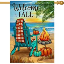 Welcome Fall Beach Pumpkin Decorative House Flag, Autumn Sea Ocean Chair Bonfire Coastal Garden Yard Outside Decorations, Plaid Check Nautical Outdoor Large Home Decor Double Sided 28 x 40