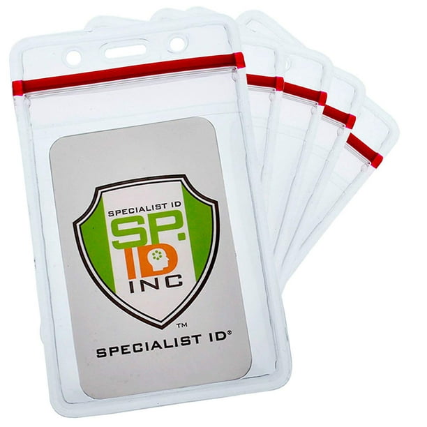 Bulk 100 Pack - Heavy Duty Vertical Resealable Vinyl Badge Holders for  Employee or Student ID - Clear Water Resistant with Red Seal Holds Multiple  