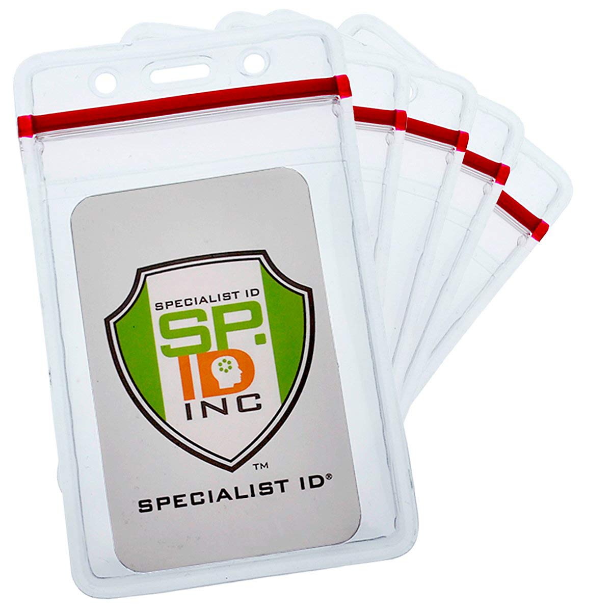 Clear Horizontal Vinyl Badge Holders with Red Color Bar on Top by Specialist ID 100 Pack
