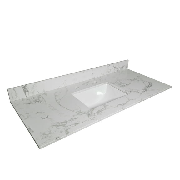 Montary 43x22 bathroom stone vanity top engineered stone carrara white marble color with rectangle undermount ceramic sink and 3 faucet hole with back splash