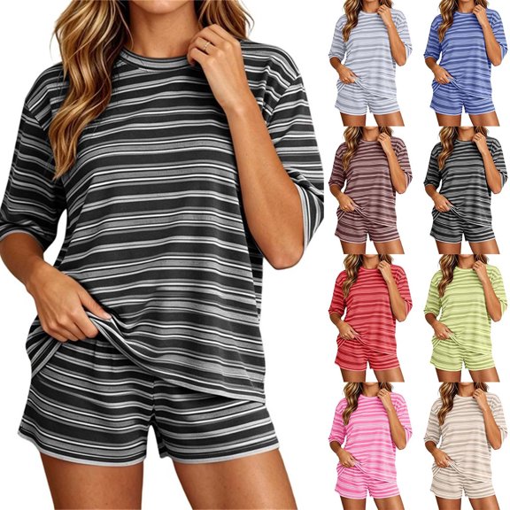NominalSnug Lounge Sets for Women Striped Oversized Matching Tops and Shorts Summer Workout Vacation Outfits Pajamas Set