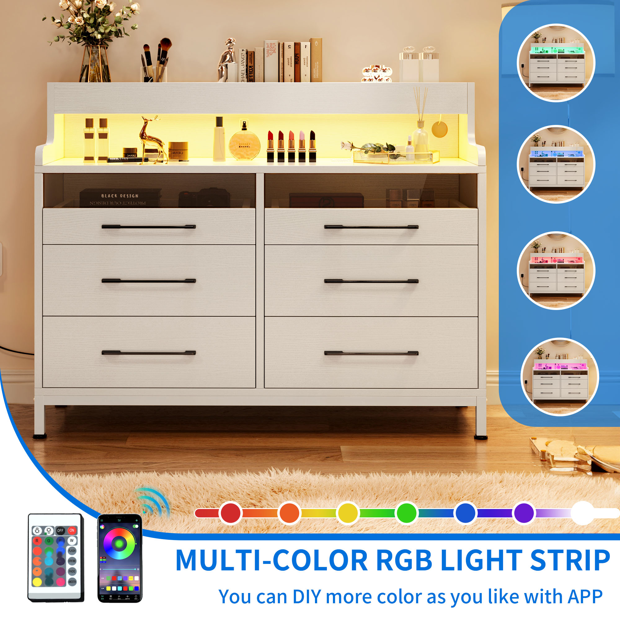 Dextrus 6-Drawer Dresser for Bedroom, Modern Chest of Drawers with LED Light, Open Storage, Organizer, Adult, White
