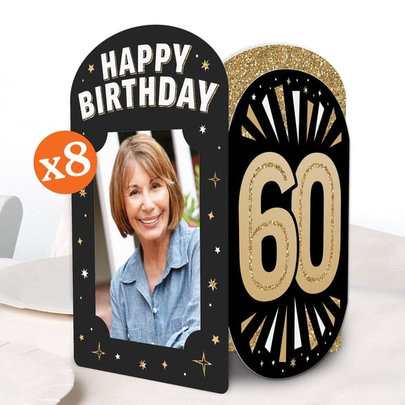 Big Dot of Happiness 60th Birthday Photo Holder Centerpieces, 4x6 Picture Display Box, Black & Gold Table Decoration Centerpiece for Adult Birthday Party Decor, 8 Count