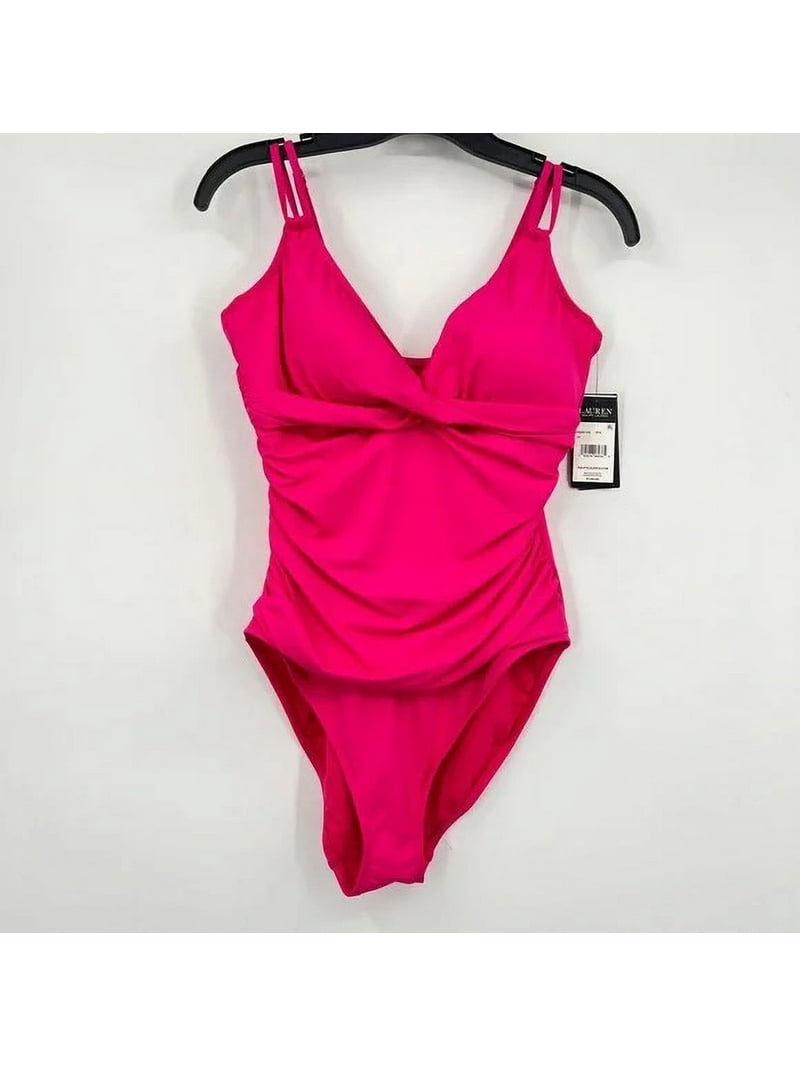 ラルフローレン SWIMSUITS プリントワンピース水着 PINK Ralph Lauren Hot Pink Double Strap Tummy Control Swimsuit