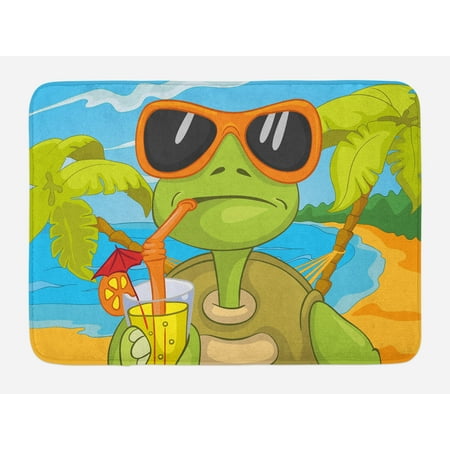 Turtle Bath Mat, Cool Sea Turtle with Sunglasses Drinking Cocktail at the Beach Cartoon, Non-Slip Plush Mat Bathroom Kitchen Laundry Room Decor, 29.5 X 17.5 Inches, Green Orange Pale Blue,