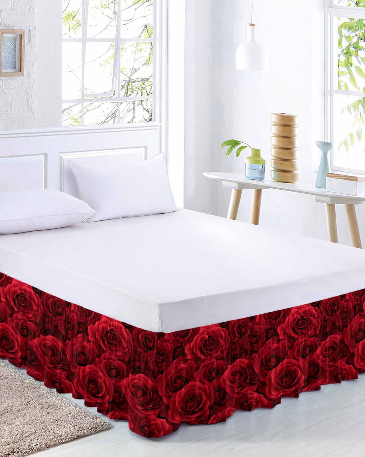 Valentine's Day Bed Skirt Queen Size 16 Inch Drop, Modern Romantic Dark Red Roses Petal Floral Plant Adjustable Elastic Dust Ruffles Bedskirt for Queen Bed Wrap Around Pleated Mattress Frame Cover