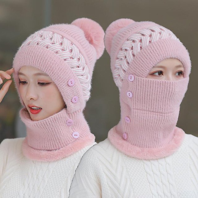Gorro de invierno para mujer, conjunto de bufanda circular peruana, gorros con orejeras de esquí, pompones con forro polar de doble capa rosa kaili Sencillez