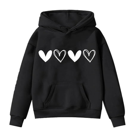 WhouRiu Big Girl Valentine s Day Hoodie with Heart Graphic Long Sleeve Loose Hooded Sweatshirt Athletic Cozy Hoodie Black Size 7-8