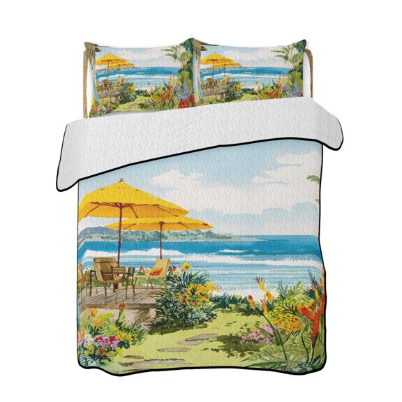 Quilt King Size Bedding Set, Coastal Seaside Reversible Summer Quilt 3 Pieces, Yellow Beach Umbrellas Flowers Sky Lightweight Bedspreads Coverlets with 2 Pillow Shams for All Seasons