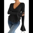 thumbnail image 3 of Camiseta Elegante de Larga con Cuello en V para Mujer, Otoño e Invierno, con Volantes, Corte Entallado y Mangas Acampanadas Negro L, 3 of 9
