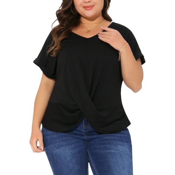 Agnes Orinda Women's Plus Size Tops Twist Knot V Neck Short Sleeve Summer Casual Blouses 1X Black