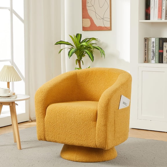 TacleeKii Swivel Accent Chair, Boucle Barrel Armchair for Living Room Bedroom, Yellow