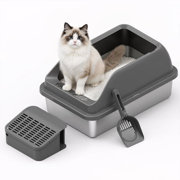 Euqvunn Stainless Steel Litter Box XL for Large Cats, Metal Cat Litter Box with Lid and High Sides, Leakproof, Non Stick, Easy to Clean, Scoop Included