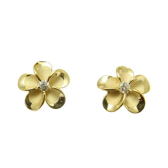 925 sterling silver yellow gold plated Hawaiian plumeria flower earrings post stud cz 10mm