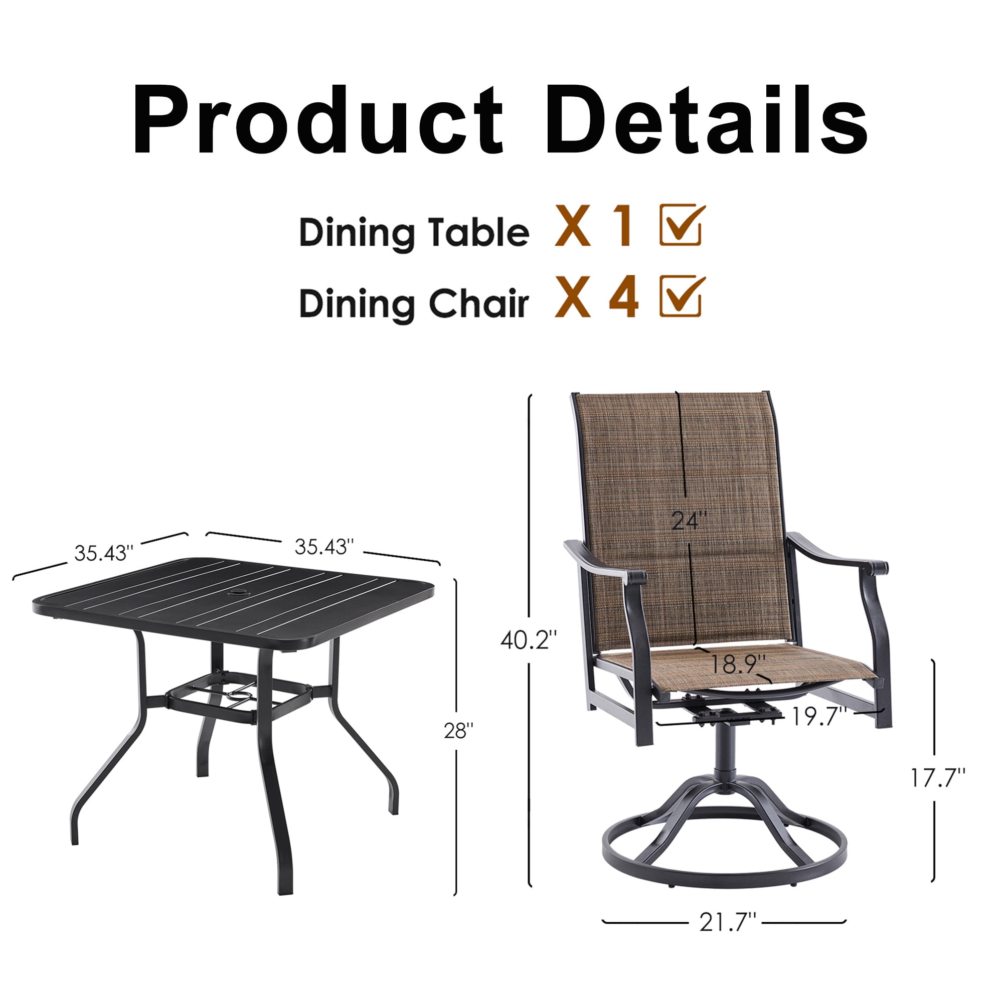 MAYEERTY 5-Piece Patio Dining Set:1 Black Square Table with 1.57" Umbrella Hole & 4 Brown Swivel Paded Textilene Chairs