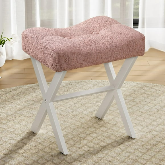 Memobarco Vanity Stool, 18 Inch Saddle Seat Makeup Stool with Metal X Legs, Breathable and Soft Boucle Fabric Footrest, Ottoman Foot Rest for Vanity, Living Room and Entryway, Pink