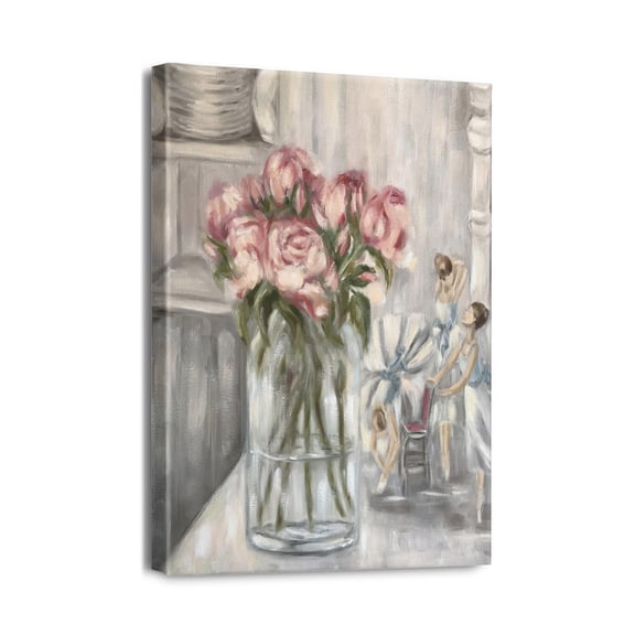 Framed Canvas Print for Bathroom & Bedroom Decor 12x16 Inch Pink Poppy in Blue White Vase, Farmhouse Floral Painting that Adds Elegance to Any Room