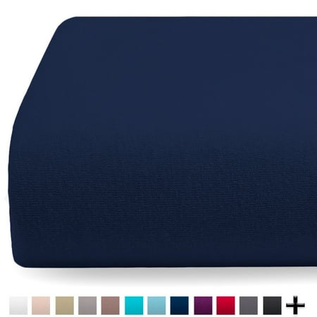 100% Cotton 2 Pocket - Bare Home Fitted 100% Cotton Ultra Soft Jersey Bottom Sheet – Breathable - Deep Pocket (Queen, Dark Blue)