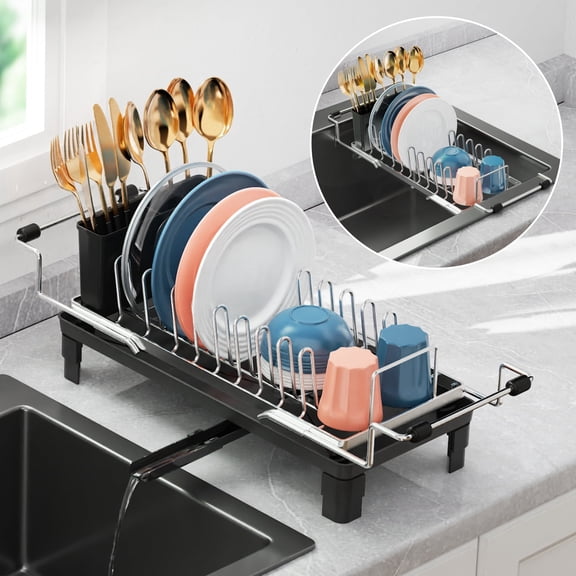iSPECLE Small Dish Drying Rack for Counter or Over Sink, Stainless Steel Expandable Dish Drainer with Drain Board and 360° Swivel Drain Spout for RV, Camper, 1-2 People, Narrow 6.5" W, Silver