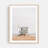 Lifeguard, HB 02 - Huntington Beach California Photography Beach Coastal Minimalist Ocean Beach House Summer Vintage Oak Framed Wall Art Print 5 x 7 inches