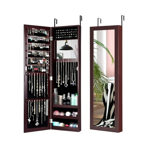 Full Length Mirror Jewelry Cabinet, Wall Door Mounted Jewelry Organizer with Makeup Mirror, Ring Slots, Necklace Hooks, Large Storage Jewelry Armoire for Dressing Room, Dorm, Brown