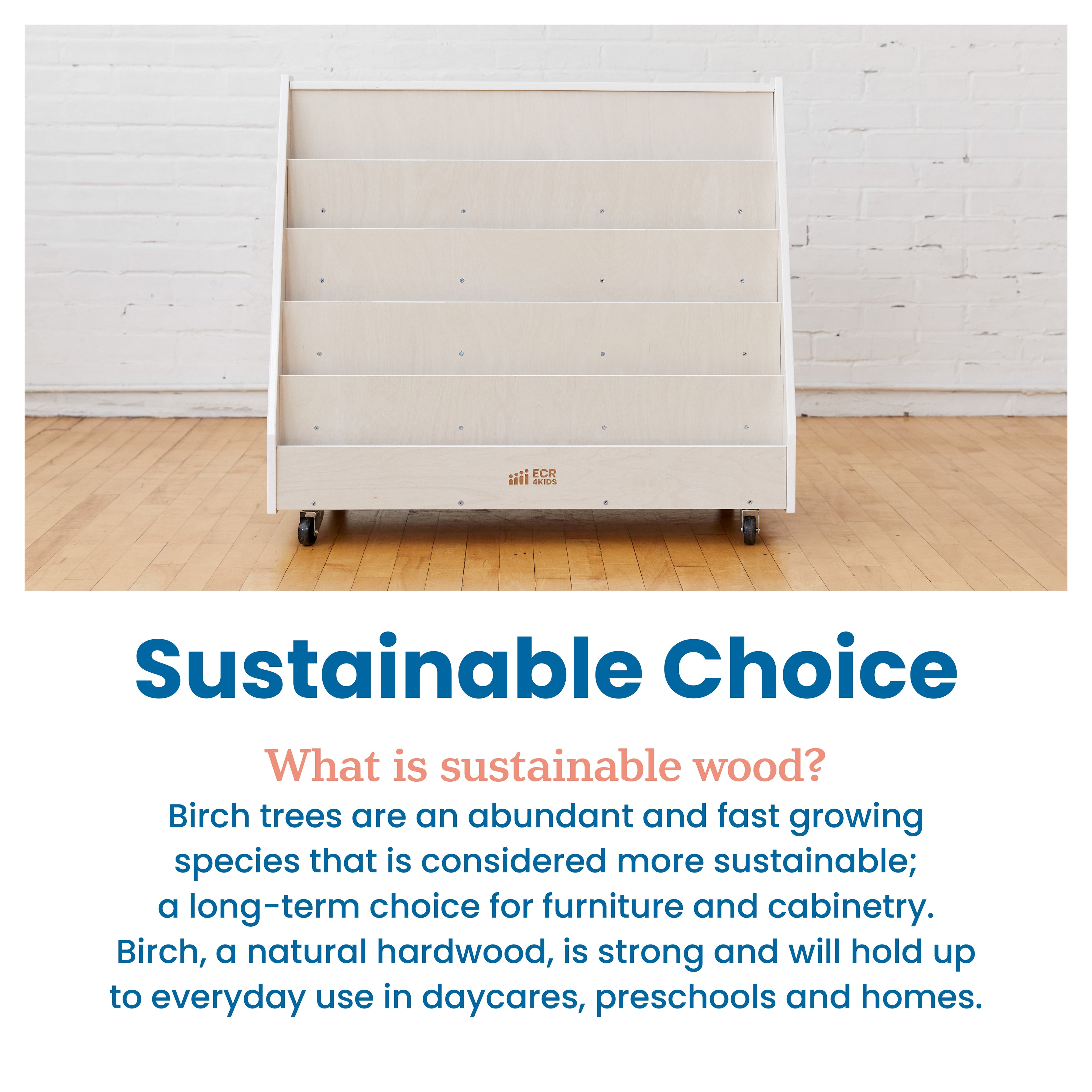 ECR4Kids Double-Sided Wooden Mobile Book Display and Storage, Montessori Furniture, White Wash