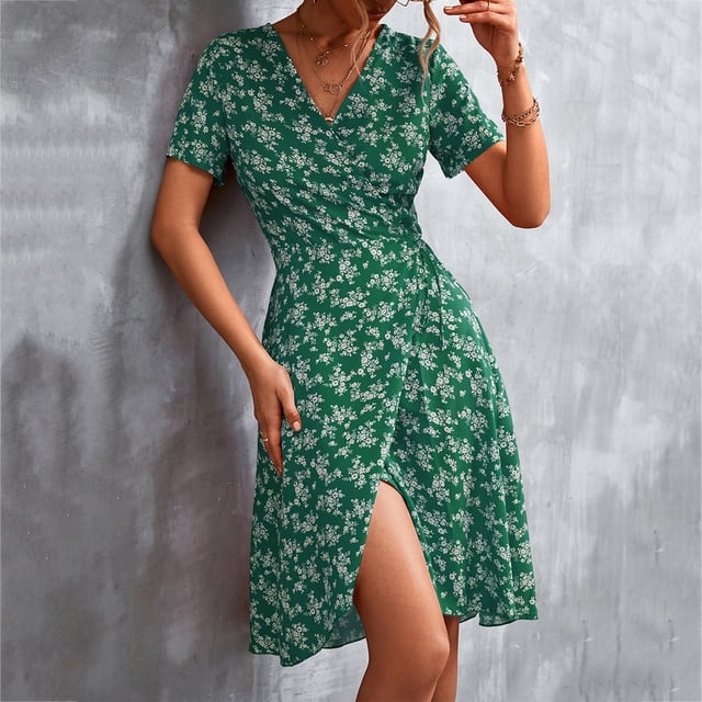 SMihono Robe d'Été pour Femmes Grande Taille Mode pour Femmes Décontractée Croisée Col en V à Nouer Imprimé Floral Fente Manches Courtes Robe Bohème