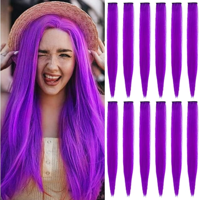 LAICAIW Rallonges de Cheveux Colorées de 22 Pouces, Postiche Lisse, Mèches de Fête Multicolores à Clipser, Rallonges de Cheveux Synthétiques (12 Pcs Violet)