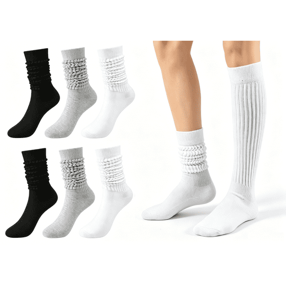 6 Pairs Slouch Socks Women, Cotton Cushion Boot Socks, Soft Scrunchy Thigh High Leg Warmers (Size 9-11)